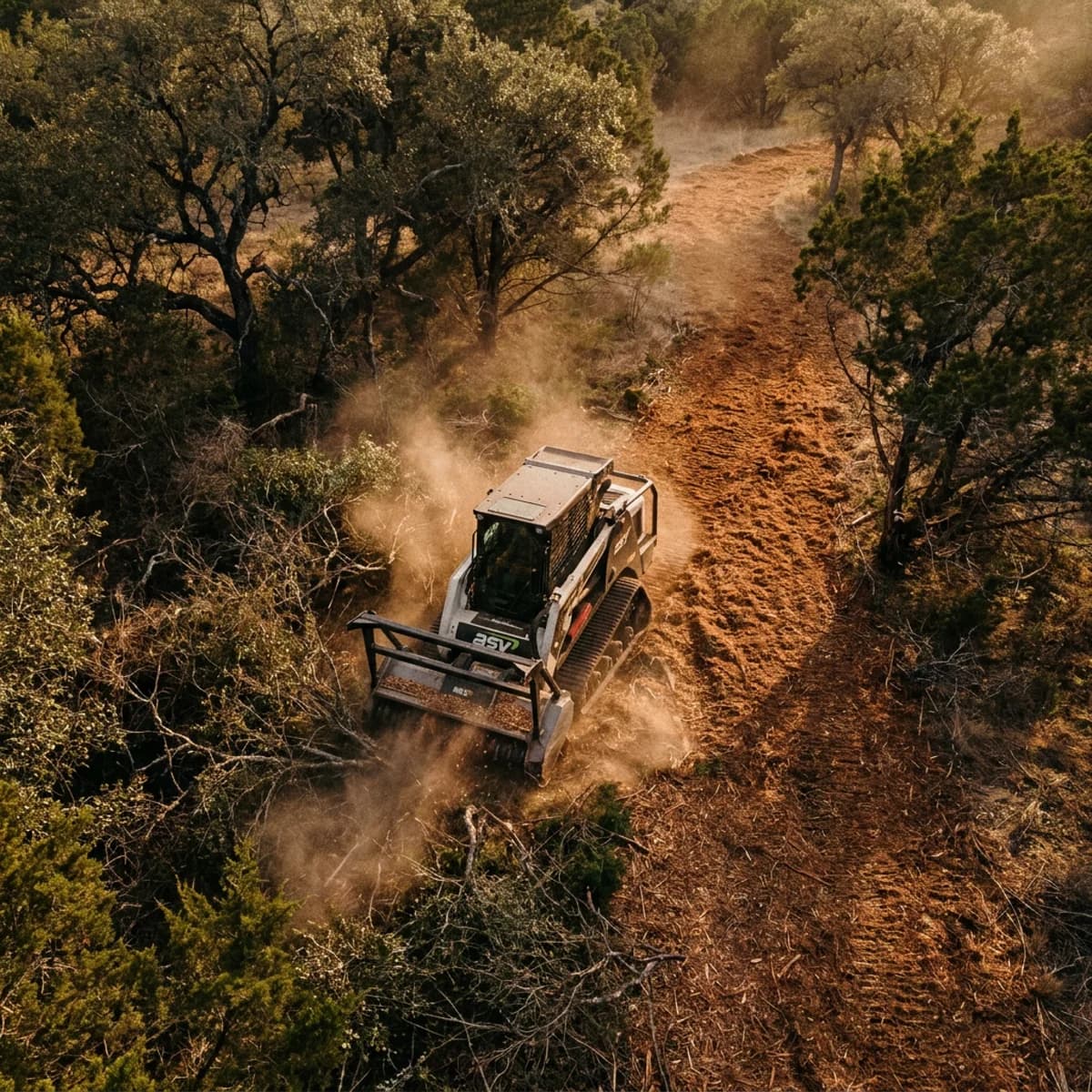Aerial view of a forestry mulcher clearing a path through brush