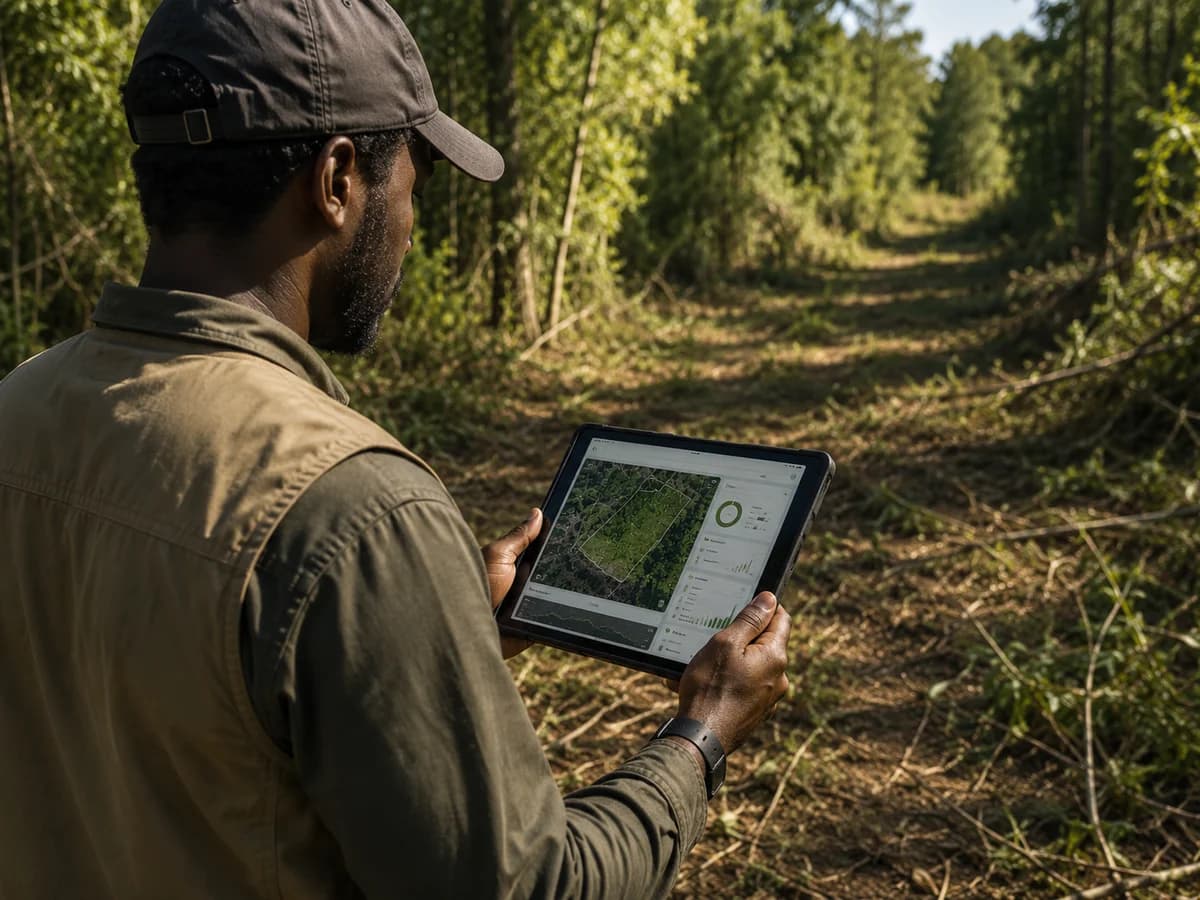Land assessor reviewing a woodland property on a tablet