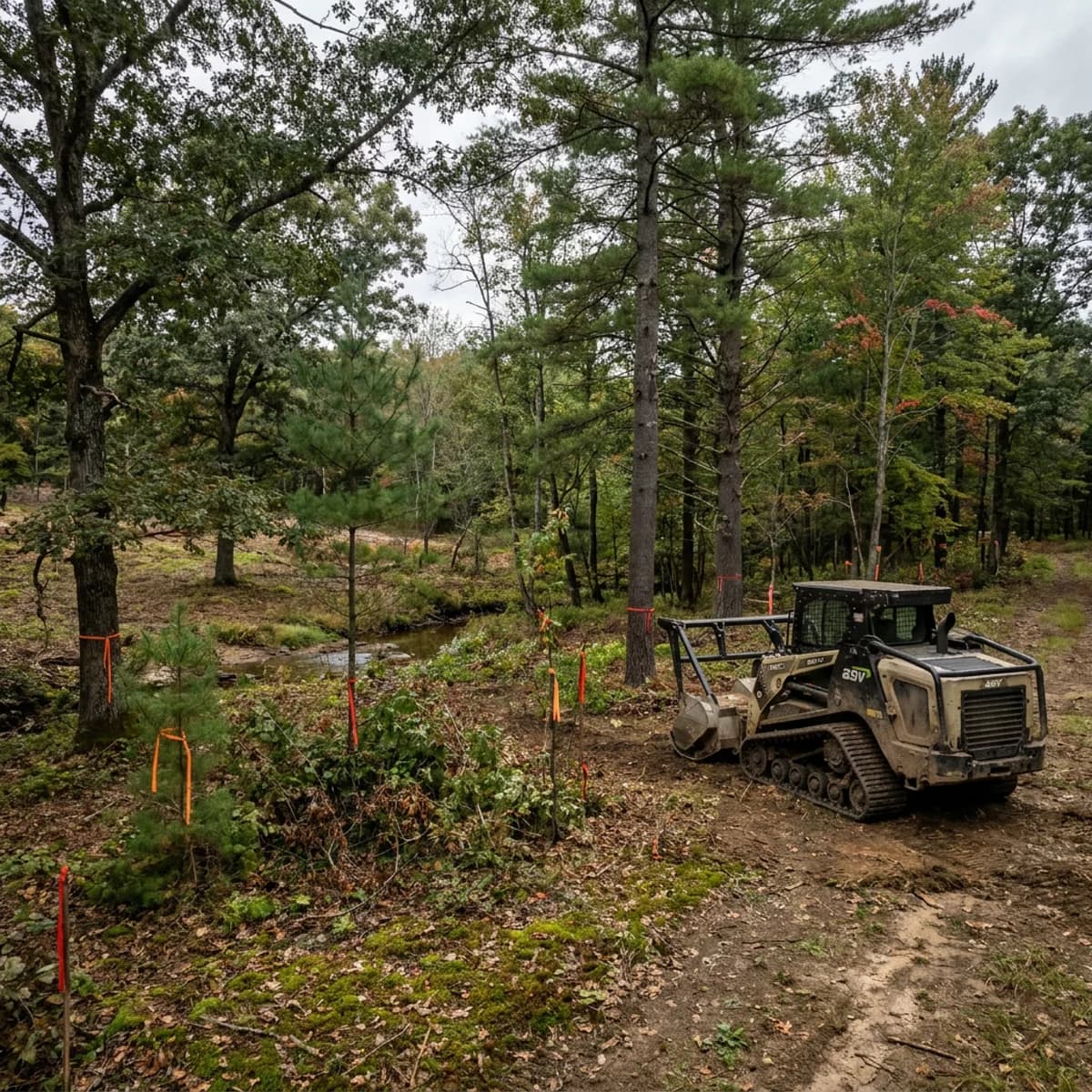 Marked trees and a forestry mulcher in an area selected for clearing