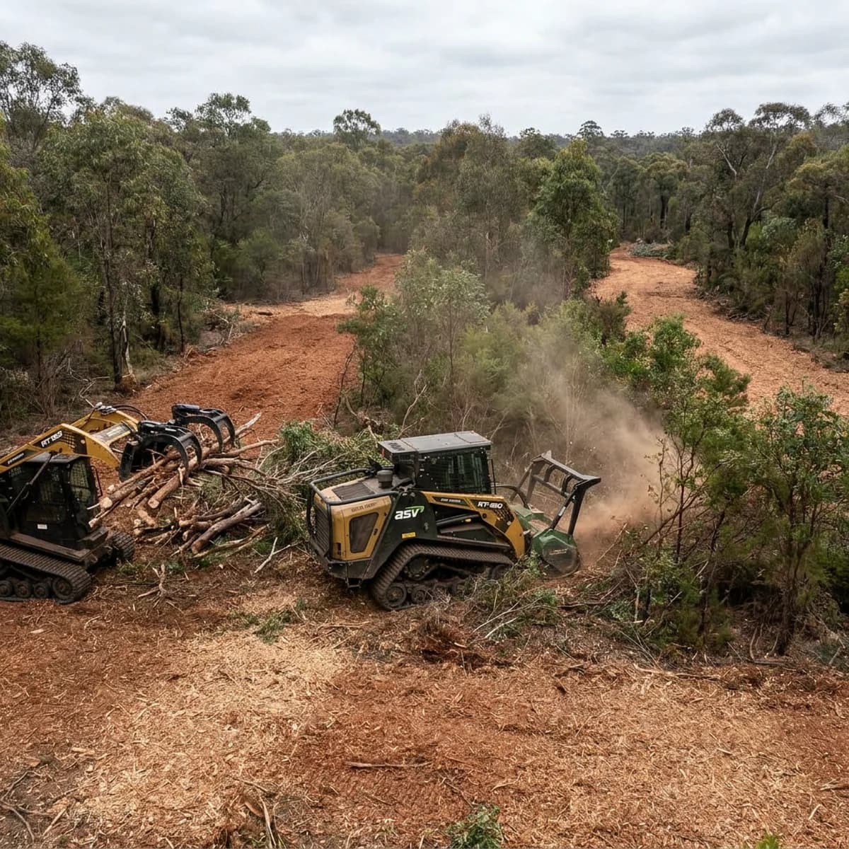 Machinery removing woody debris and brush from a clearing