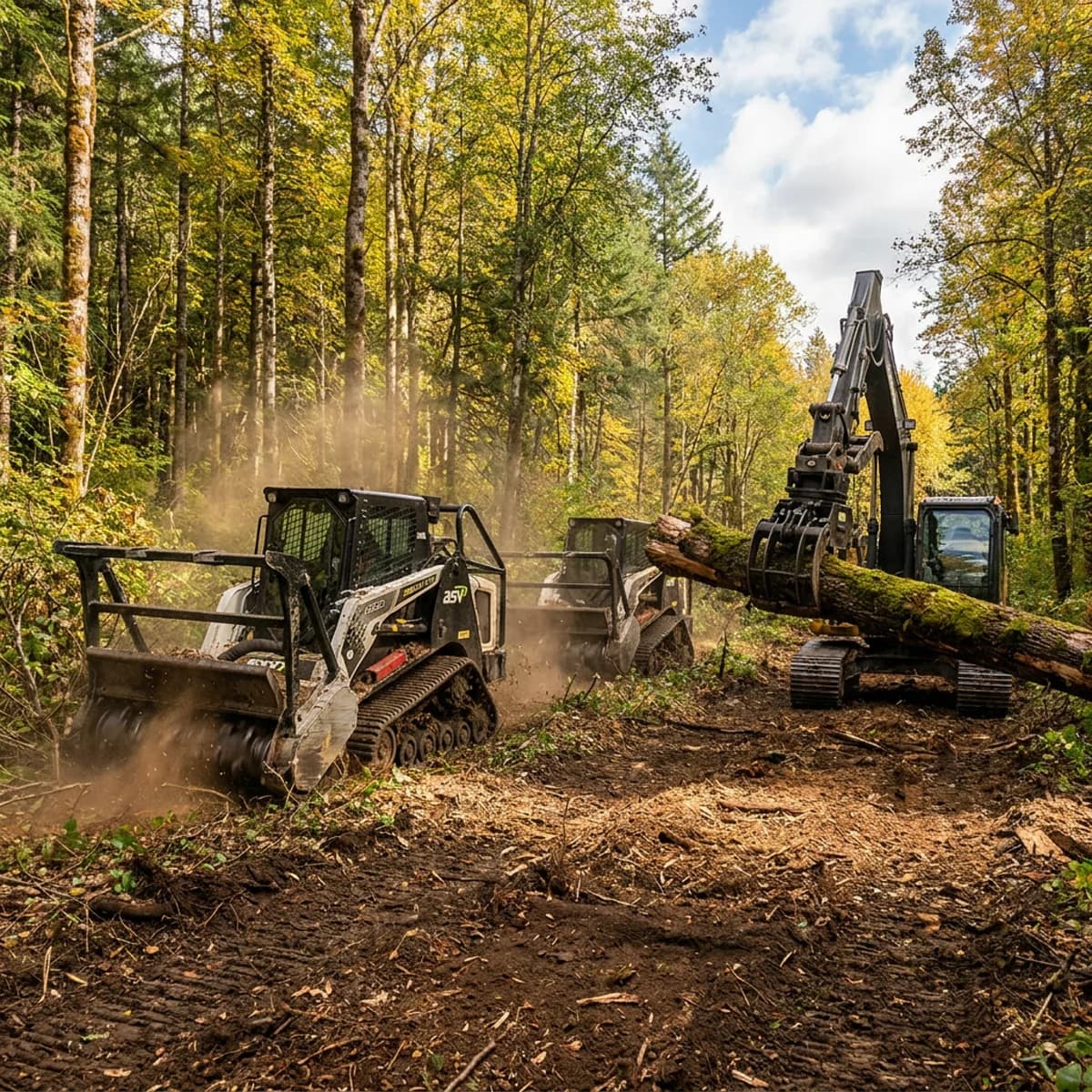 Mulcher and excavator clearing woody material among mature trees