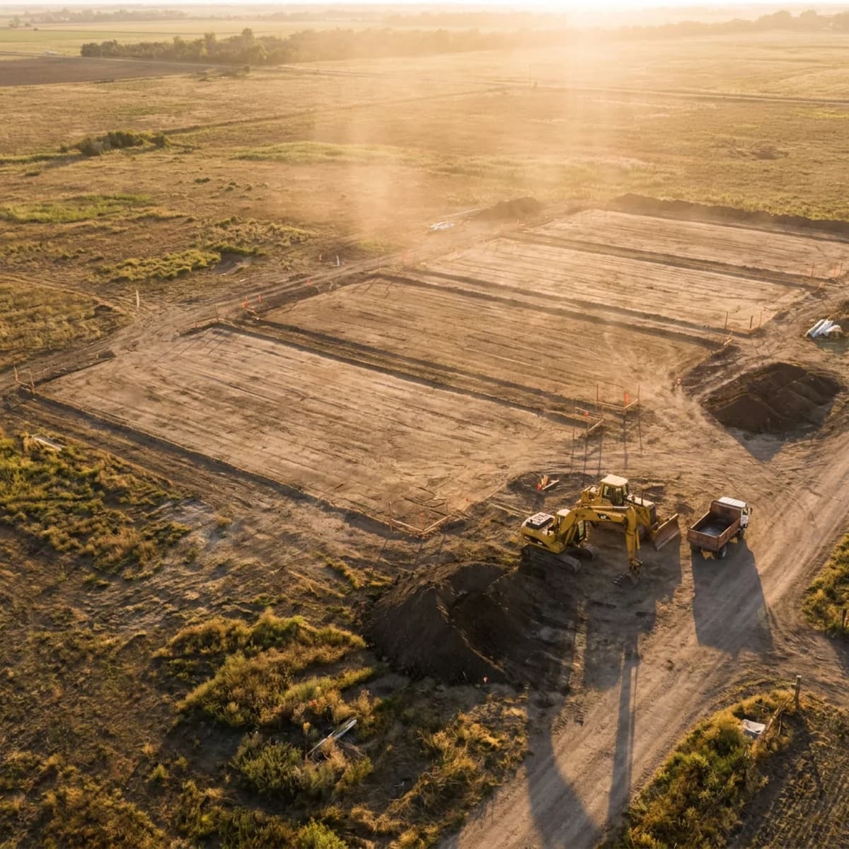 Aerial view of machinery shaping the planned site layout
