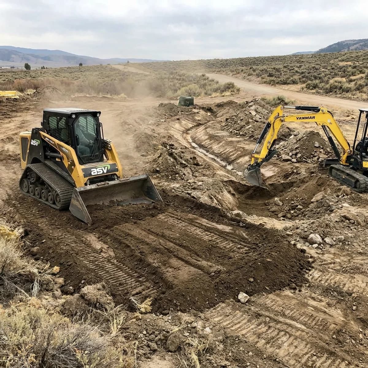 Tracked loader and excavator shaping a construction pad