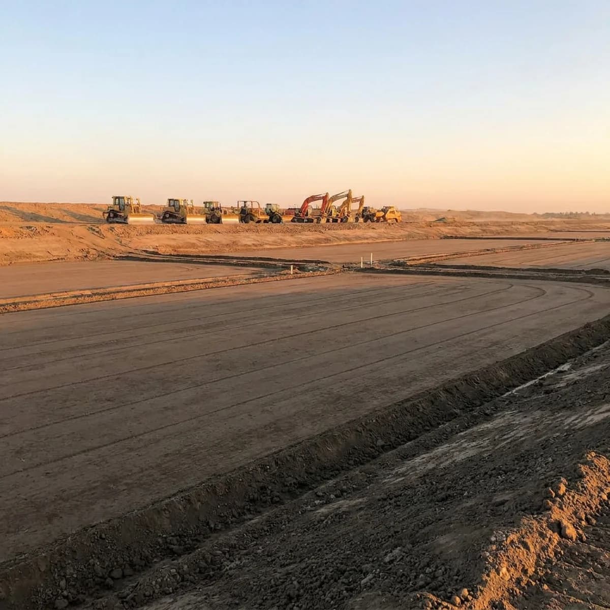 Finished level ground with machinery along the far edge