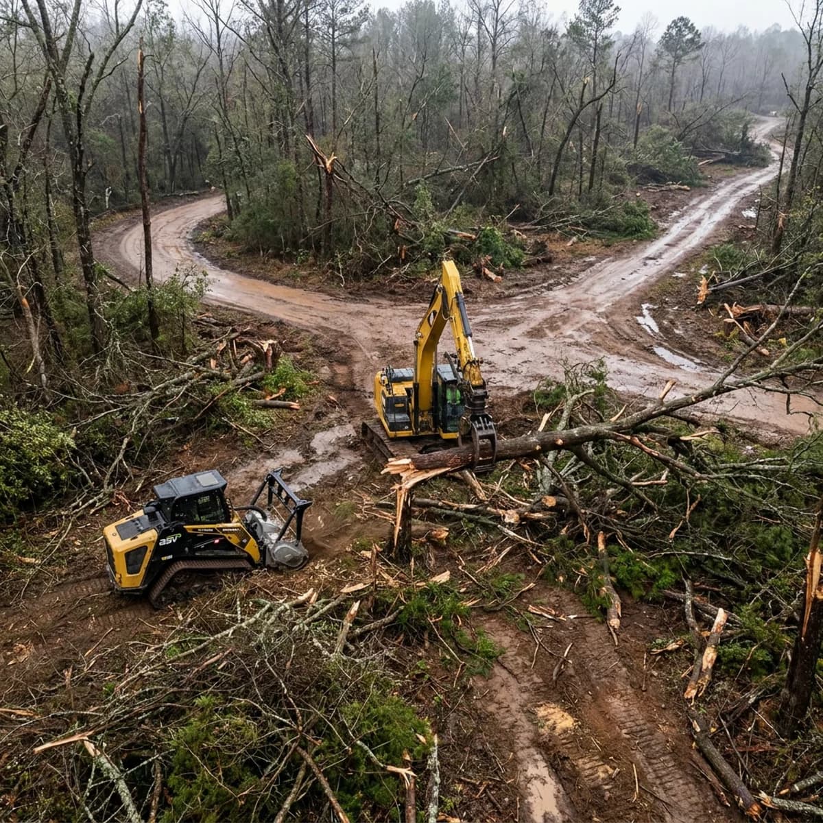 Excavator and tracked loader removing fallen trees from storm-damaged access routes