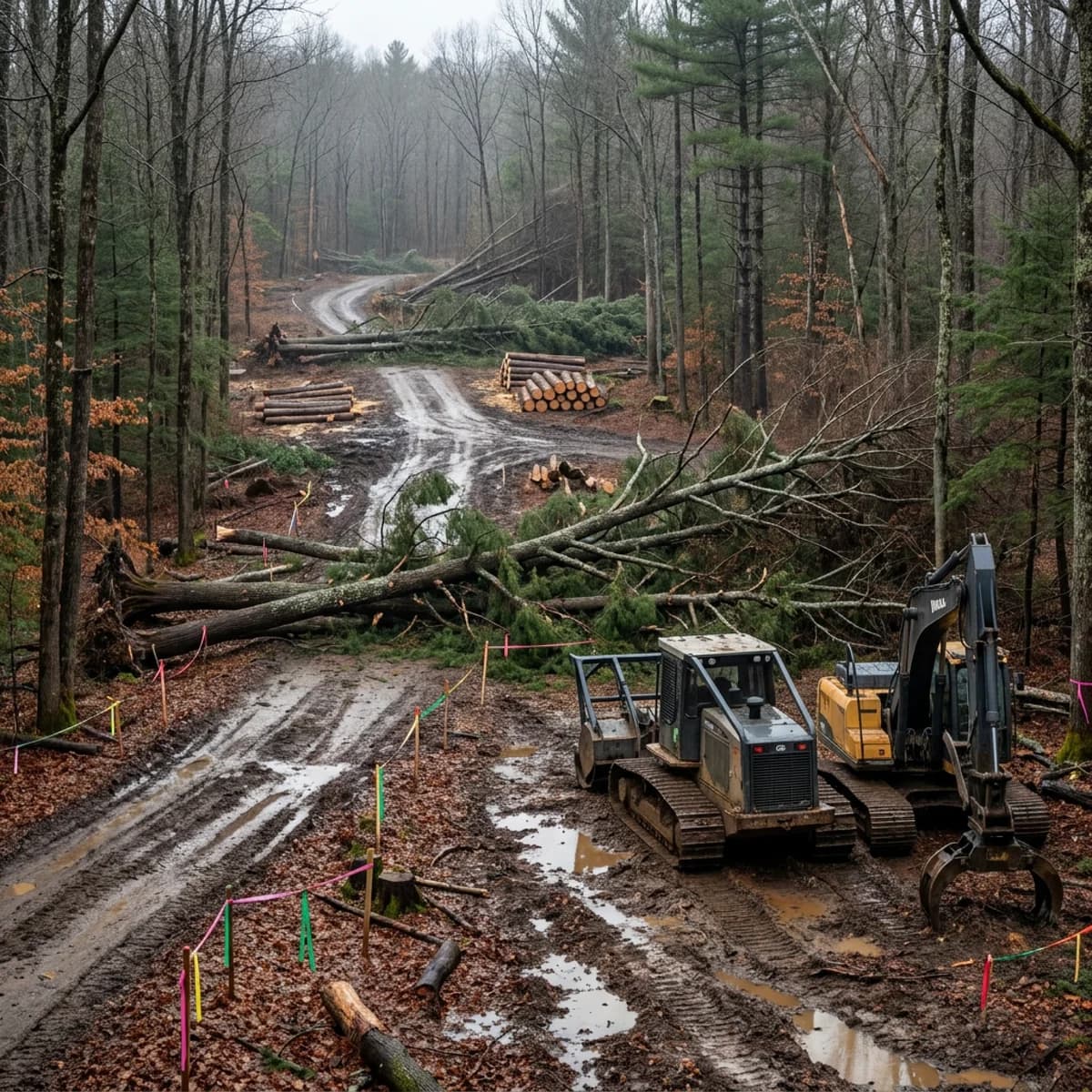 Machinery beside a marked access route blocked by fallen branches