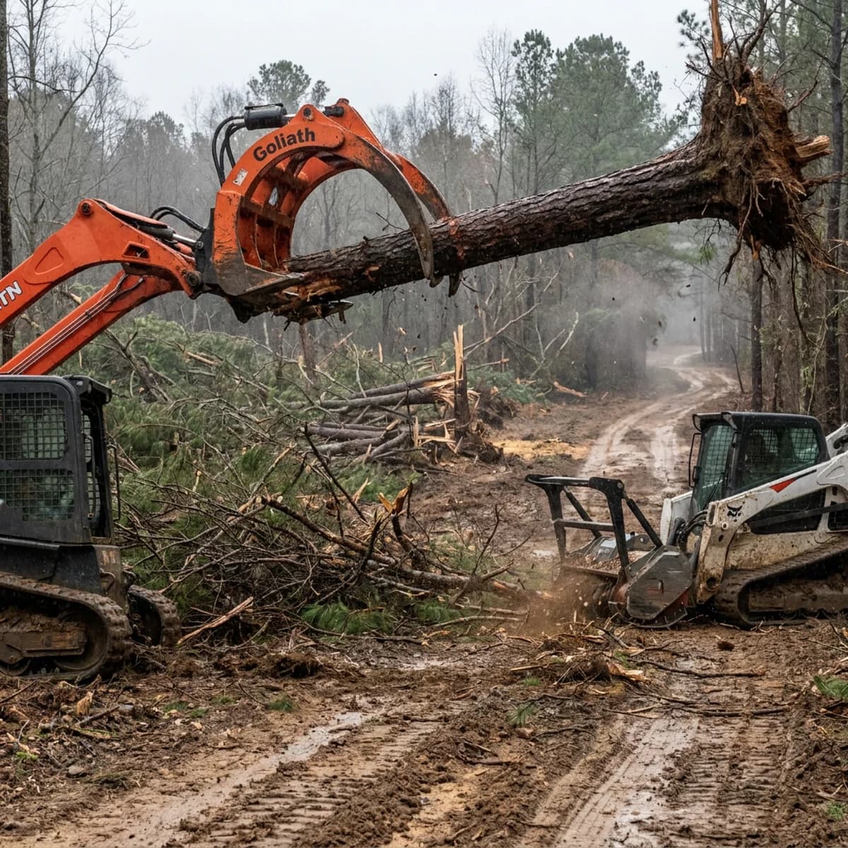 Excavator lifting a fallen tree from a storm-damaged area