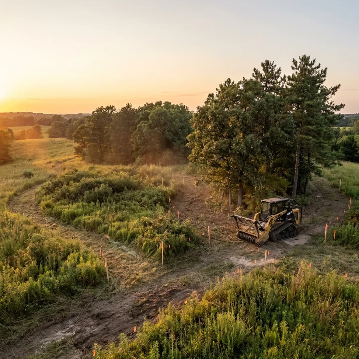 Marked vegetation and machinery in a planned clearing area