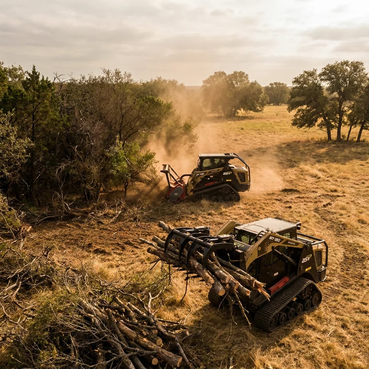 Tracked machines clearing dense growth beside retained trees
