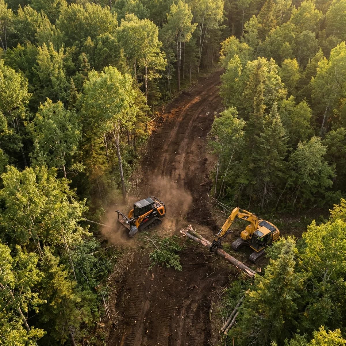 Aerial view of machinery opening a trail through woodland