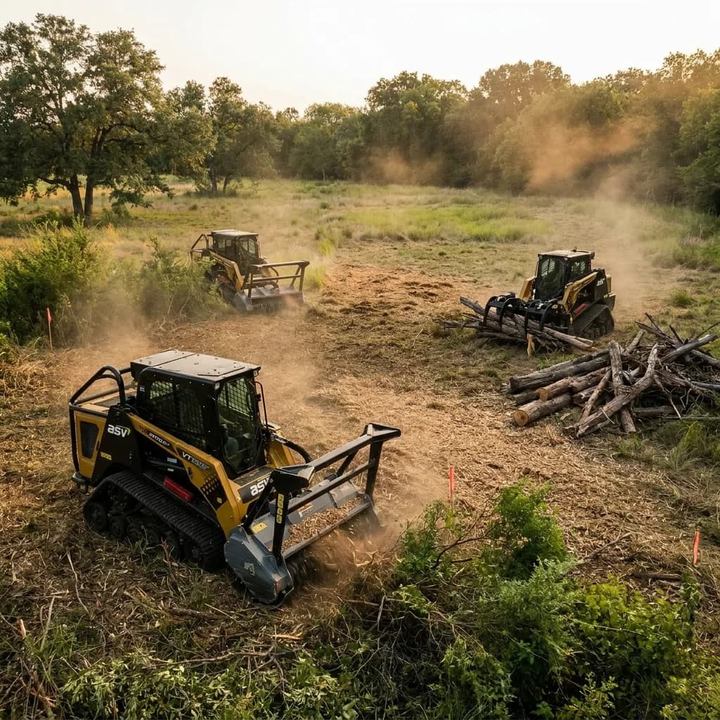 Tracked equipment removing brush and logs from an open corridor